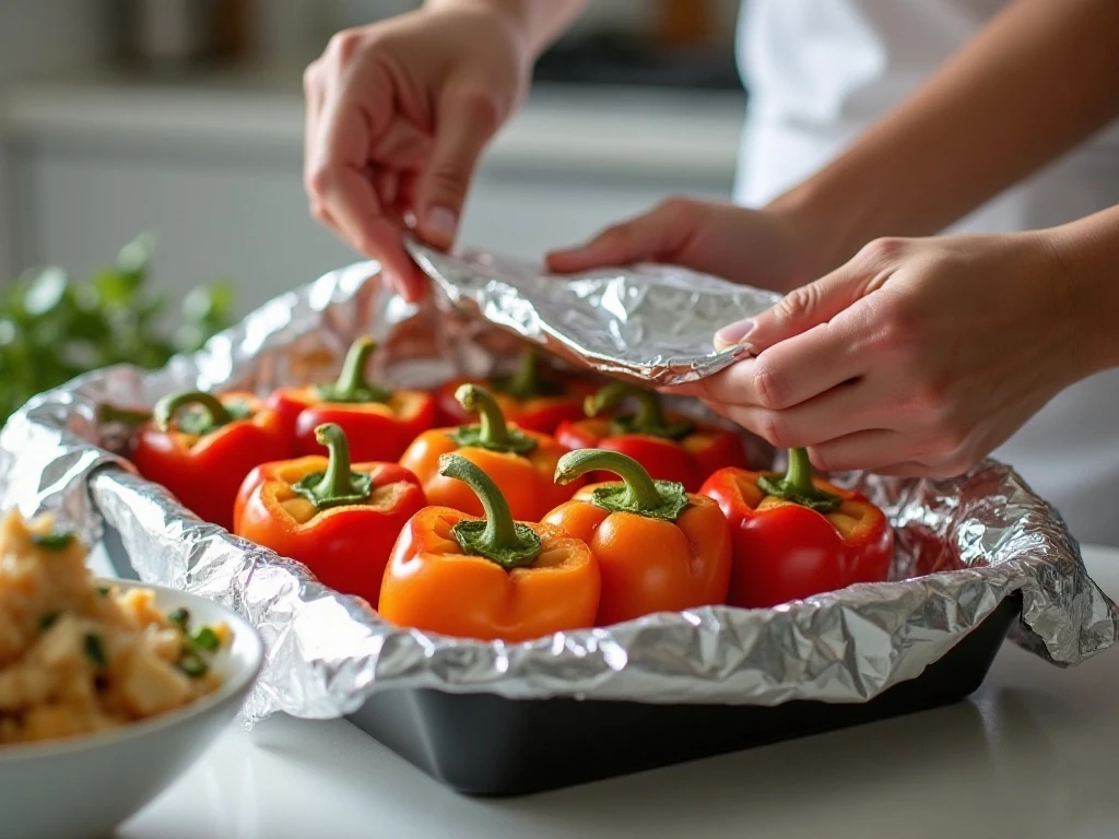 Stuffed peppers covered with foil before baking