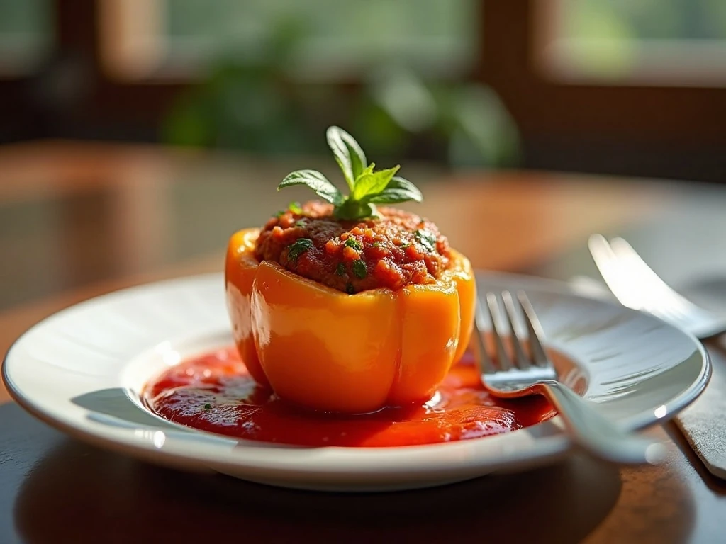 Reheated stuffed pepper ready to serve