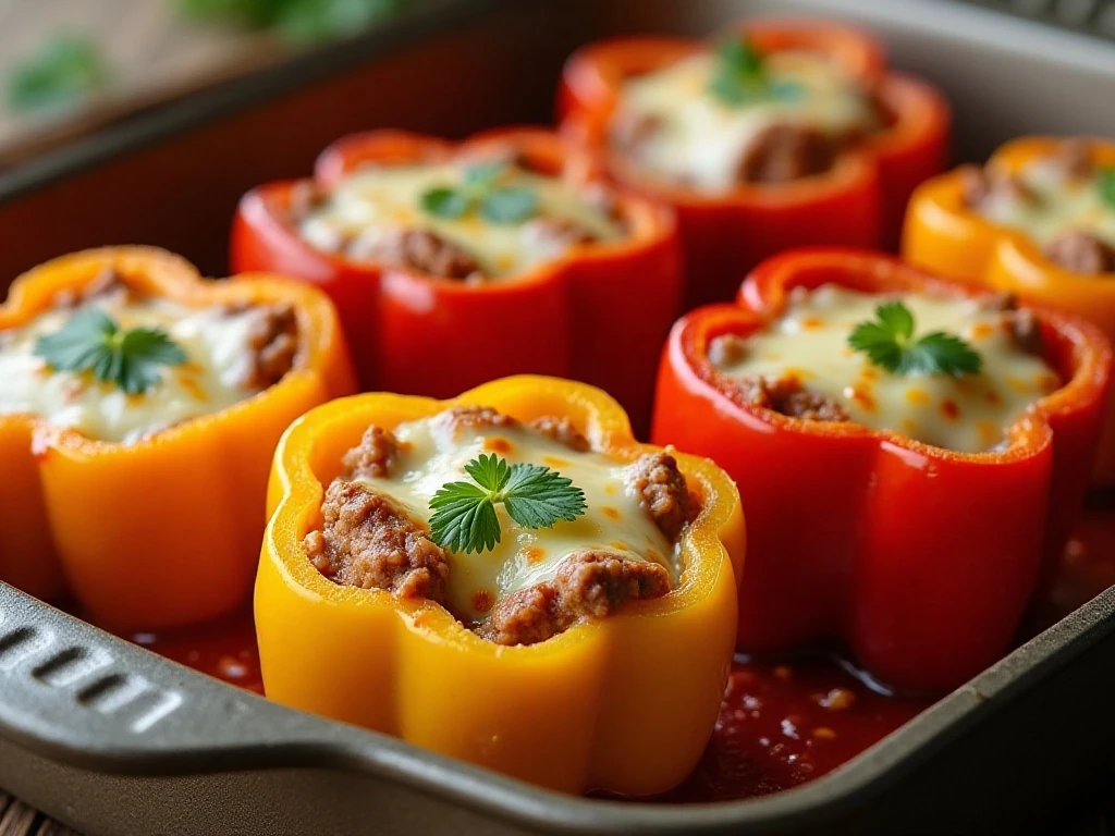 Colorful classic stuffed peppers filled with beef, rice, tomatoes, and melted cheese