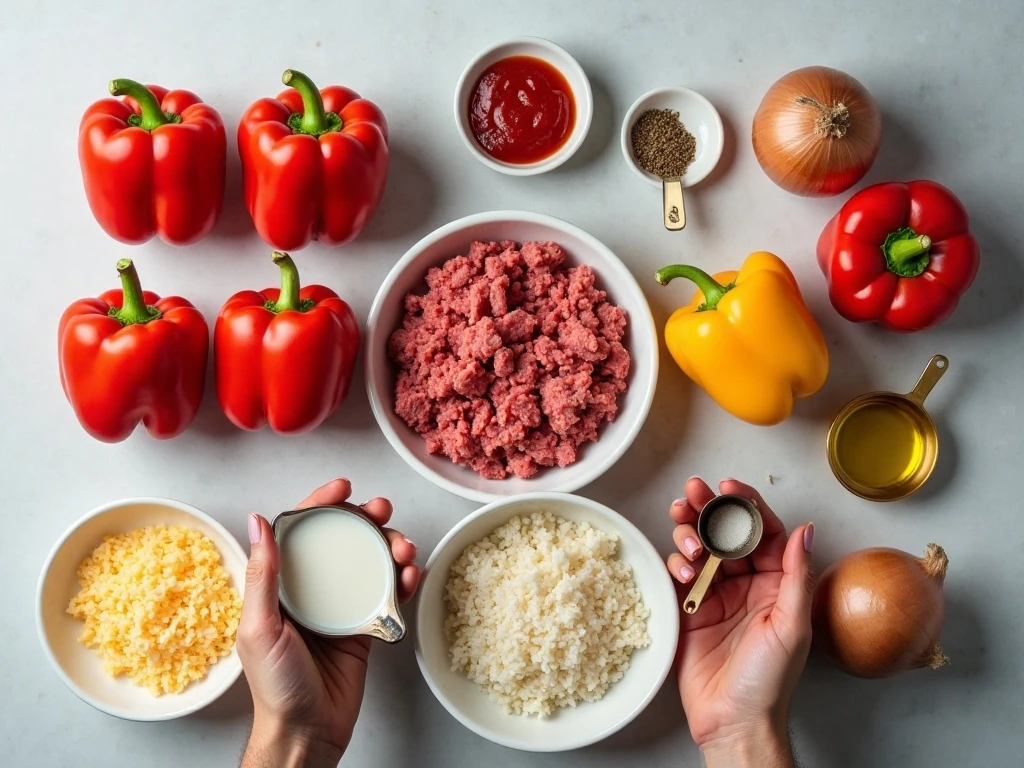 Ingredients for easy classic stuffed peppers arranged on a kitchen counter