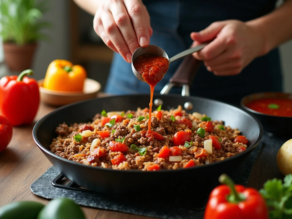 Savory beef and rice filling being prepared for stuffed bell peppers