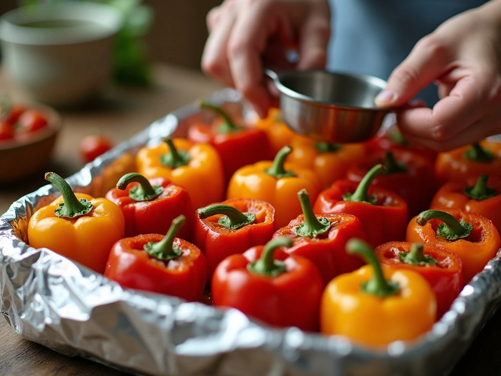 Stuffed peppers covered with foil before baking to become tender