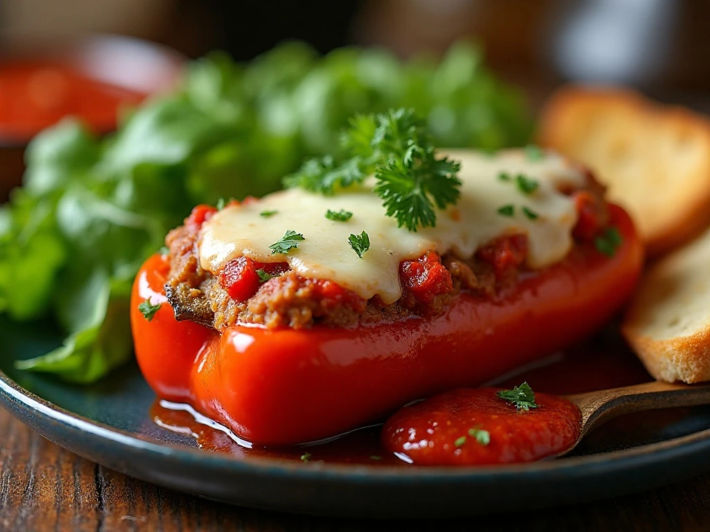 Cheesy stuffed pepper served with salad and garlic bread
