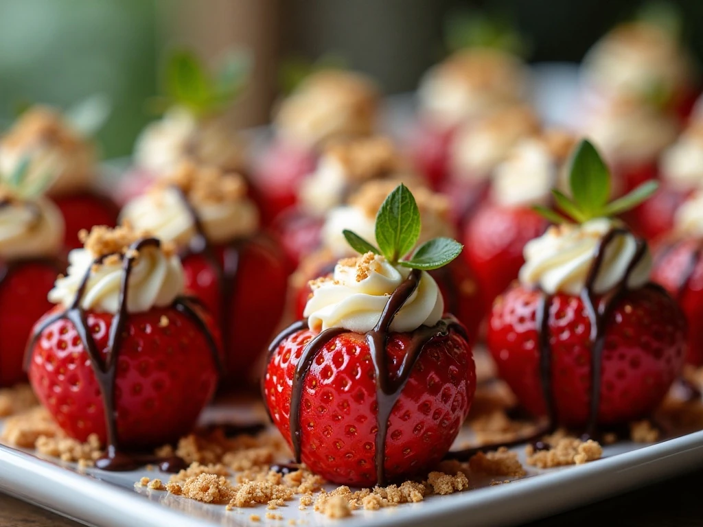 Platter of easy cheesecake-stuffed strawberries with graham crumbs
