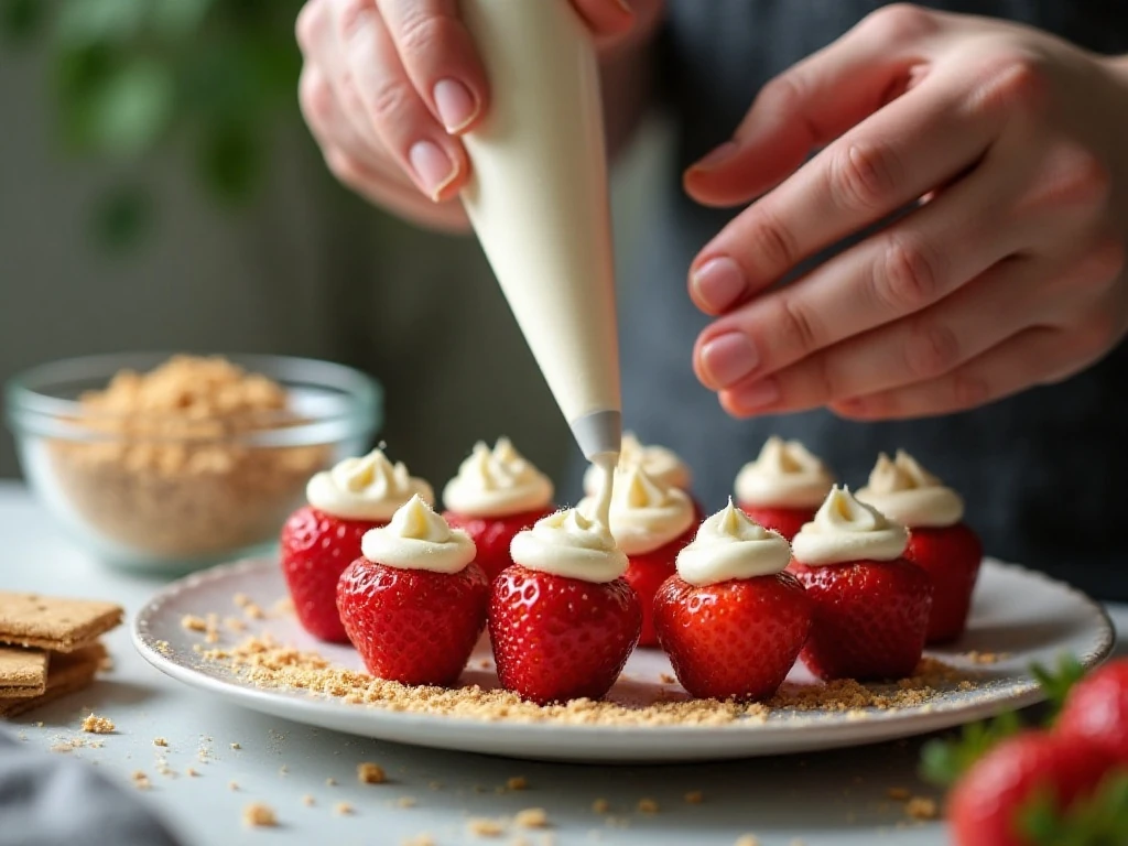 Piping cheesecake filling into hollowed strawberries