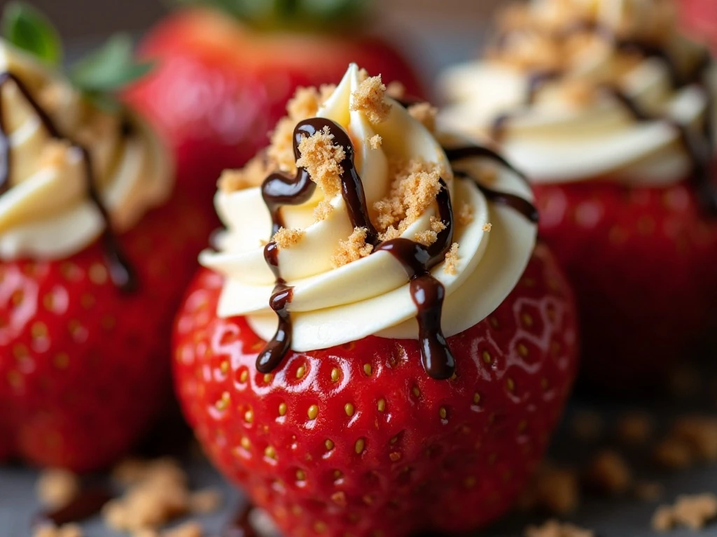 Close-up of graham crumbs and chocolate on stuffed strawberries