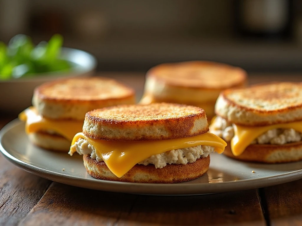 Four hot stuffed tuna melts with melted cheddar on toasted English muffins