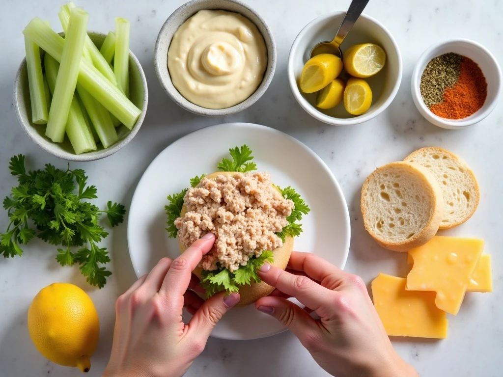 Ingredients for stuffed tuna melts arranged for cooking