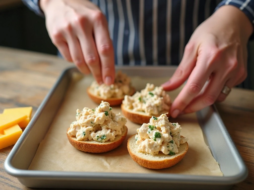 Tuna mixture being spread on English muffin halves before baking