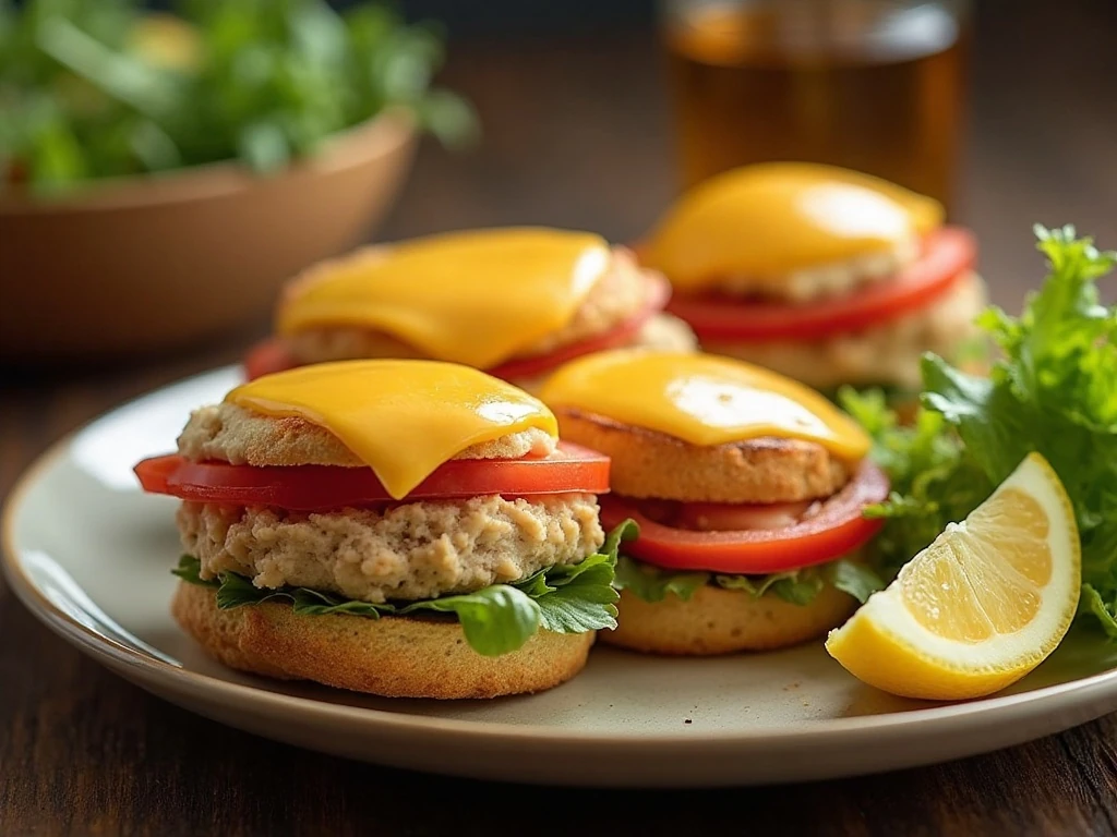 Tuna melts served with lemon wedges, tomatoes, and salad