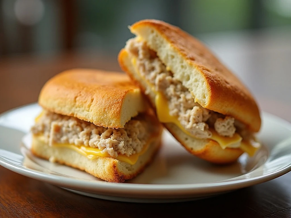 Crisp reheated stuffed tuna melt with melted cheddar