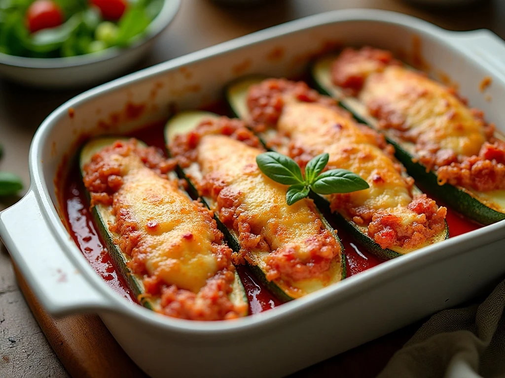 Baked stuffed zucchini boats filled with beef, marinara, and melted mozzarella