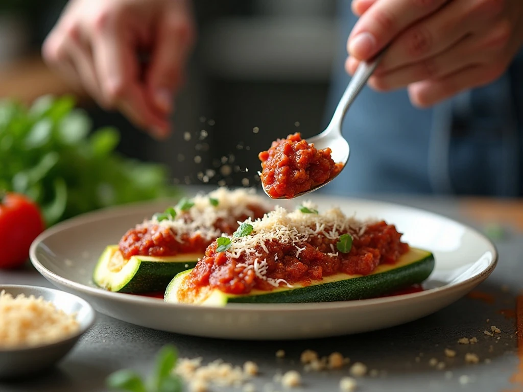 Filling zucchini shells with seasoned meat mixture