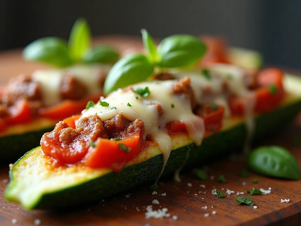Close-up of cheesy stuffed zucchini boat ready to serve