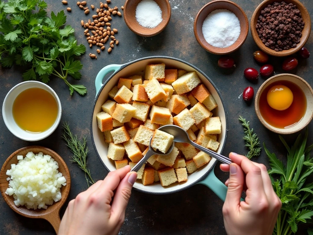 Ingredients for homemade stuffing baked in a Bundt pan