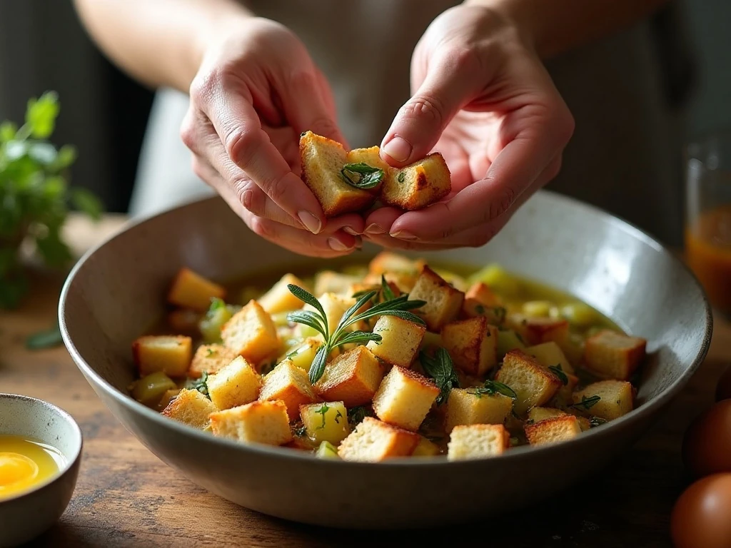 Mixing bread and seasoned vegetables for Bundt-pan stuffing