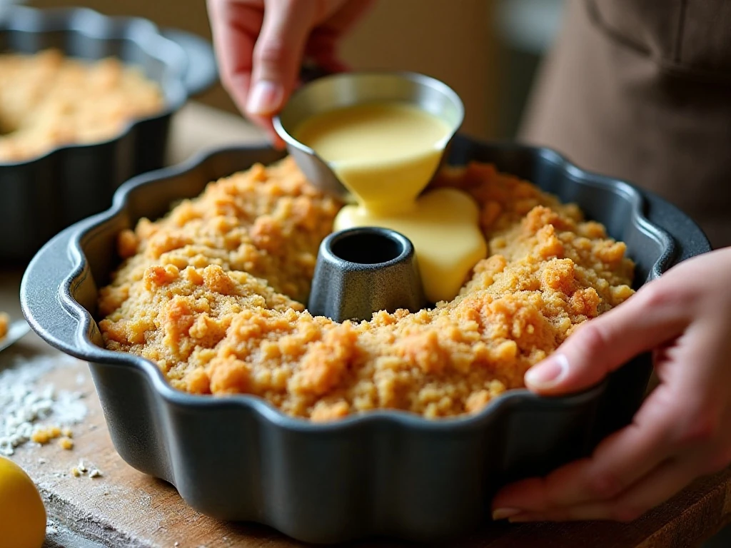 Stuffing mixture packed evenly into a buttered Bundt pan