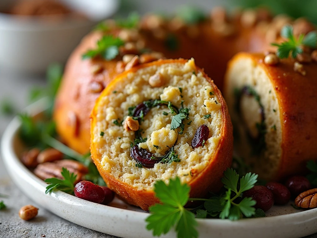 Close-up slice of herb stuffing with cranberries and pecans