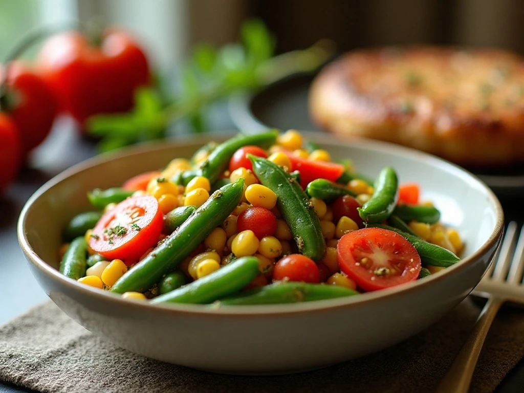 Colorful easy succotash with green beans served as a family-style side dish
