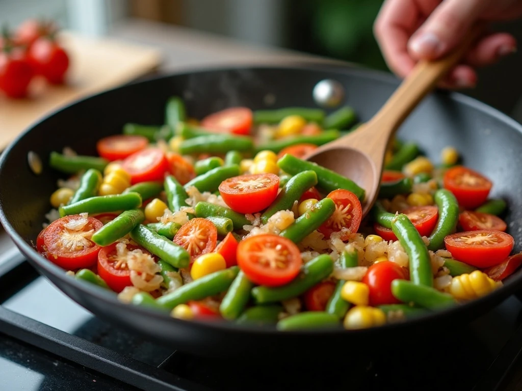 Succotash vegetables cooking together in a skillet