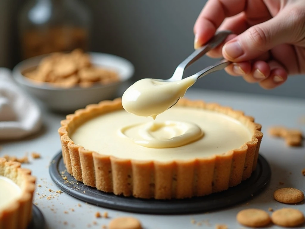 Spreading smooth cheesecake filling over the cookie crust