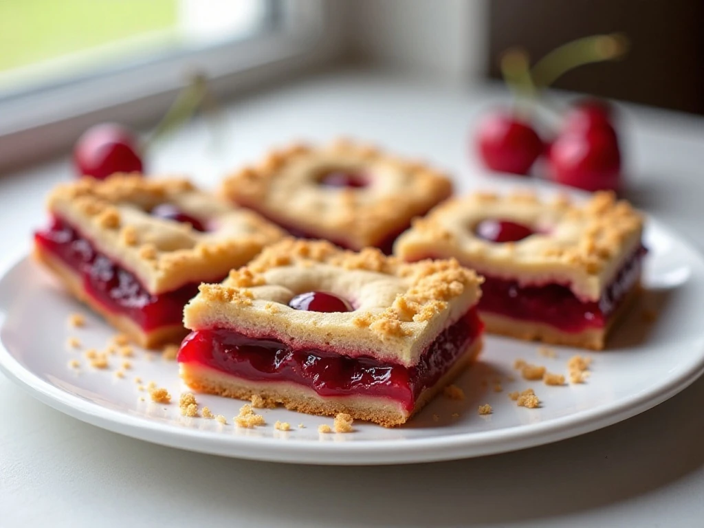 Sugar cookie cherry pie bars with golden topping and white glaze