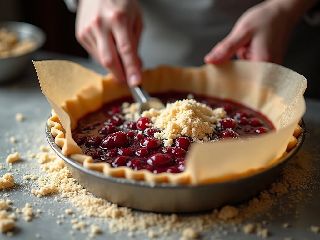 Adding cherry filling and crumble topping to cookie bars