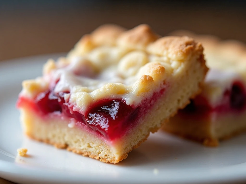 Close-up slice of a glazed cherry pie bar