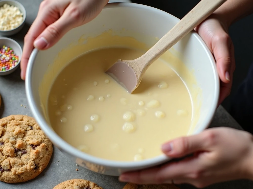 Melted white chocolate mixture ready for sugar cookie fudge ingredients