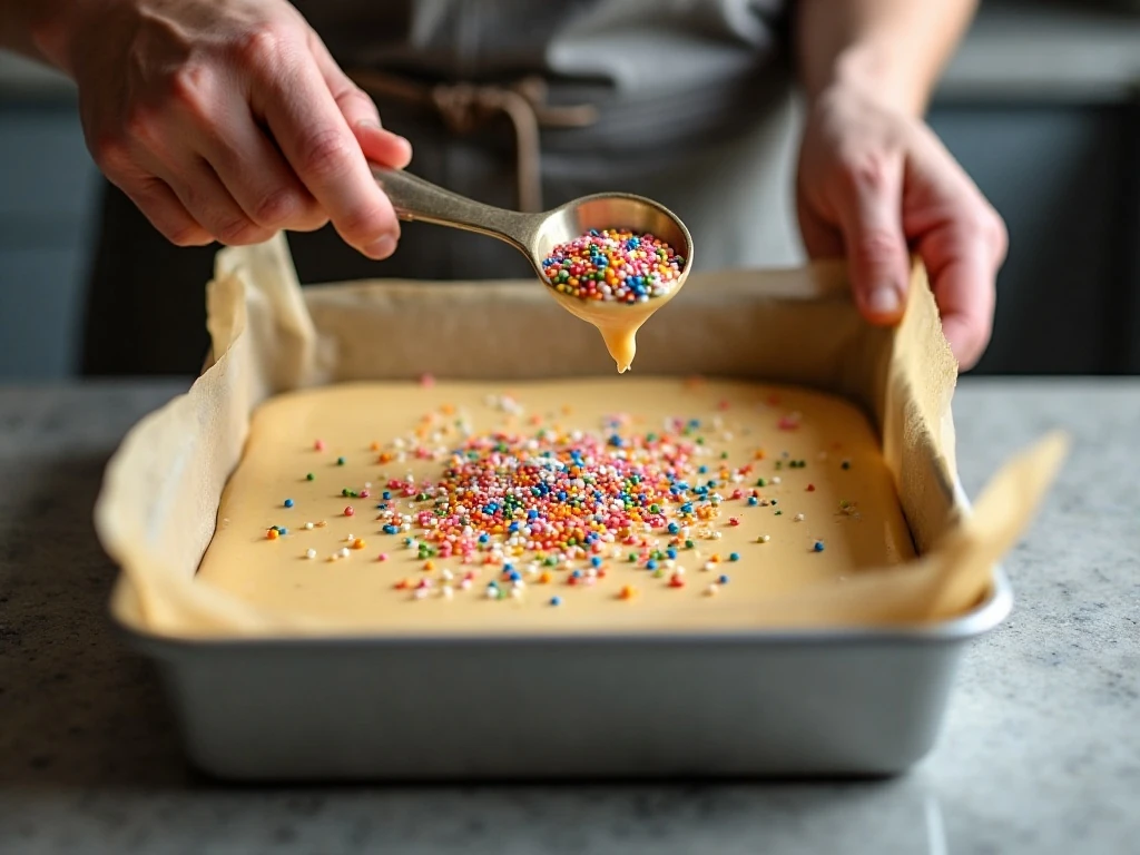 Sugar cookie fudge being spread in a parchment-lined square pan