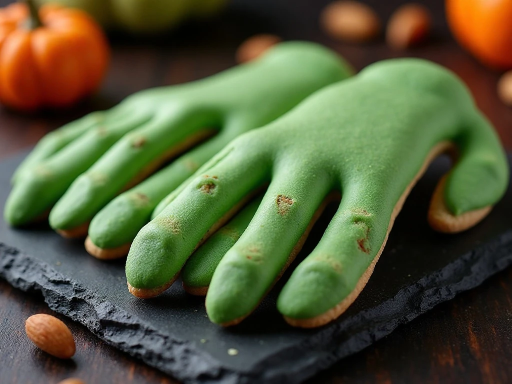 Platter of spooky green sugar cookie witch fingers with almond nails
