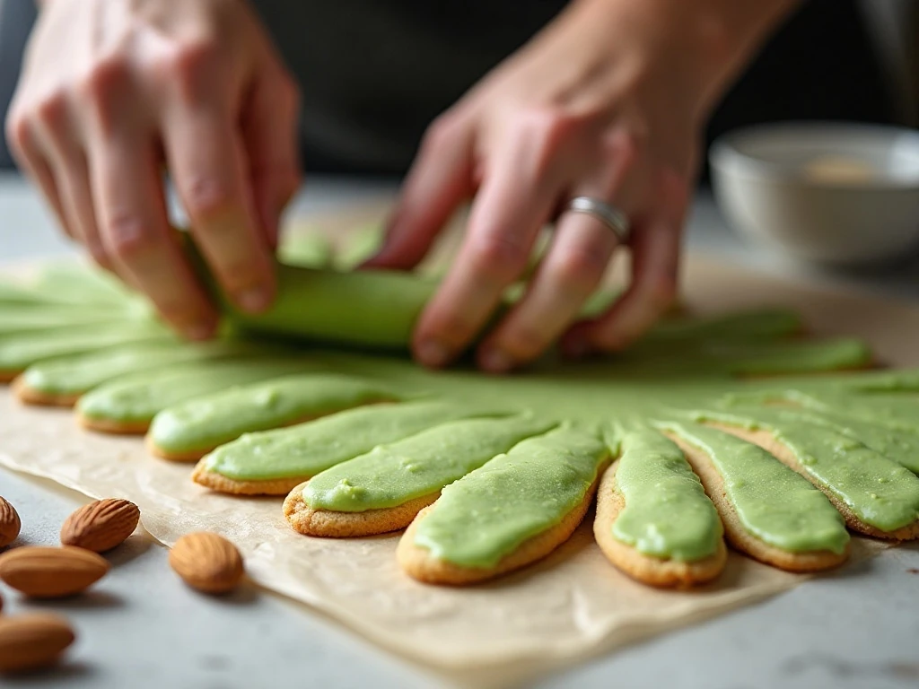 Shaping green cookie dough into witch fingers with almond nails