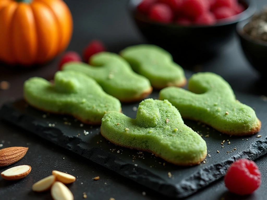 Halloween witch finger cookies decorated with red jam beneath almond nails