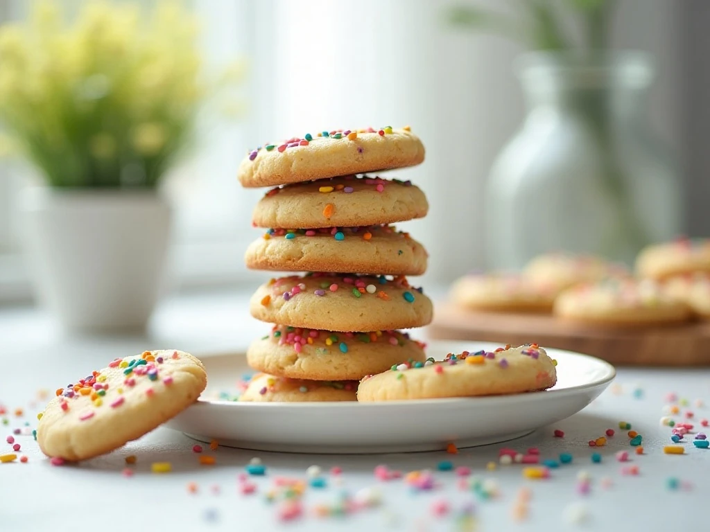 Stack of colorful easy sugar cookies with sprinkles