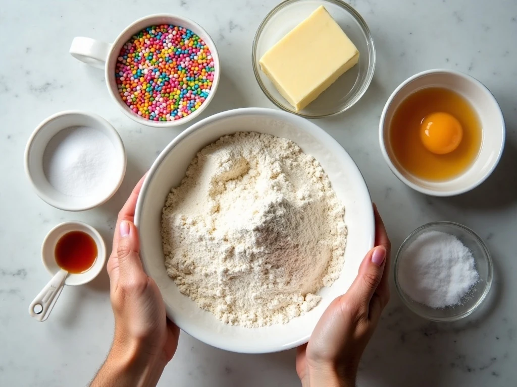 Ingredients for sugar cookies with rainbow sprinkles