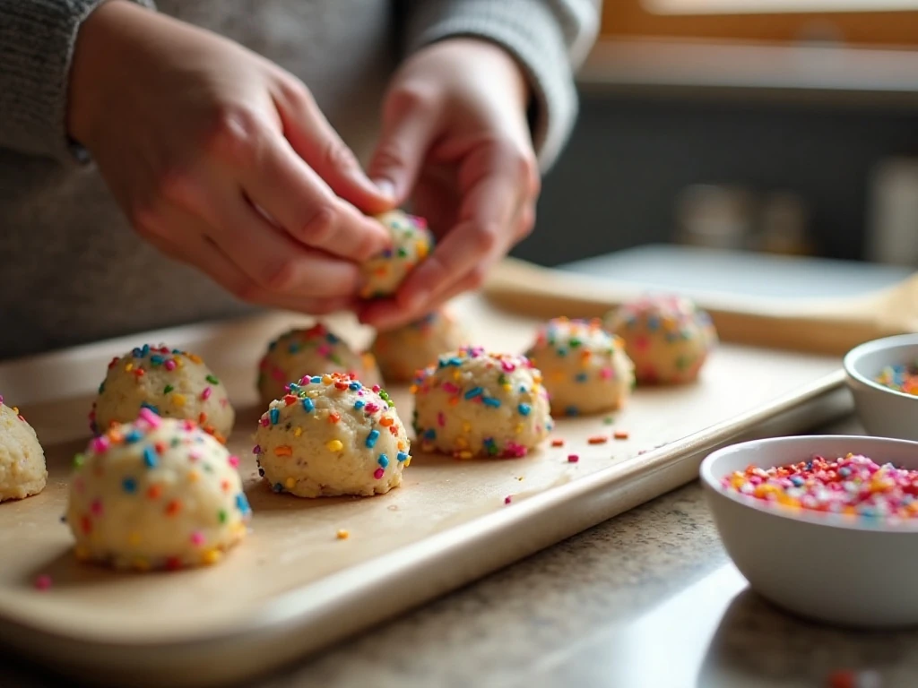 Portioning sprinkle sugar cookie dough onto a baking sheet