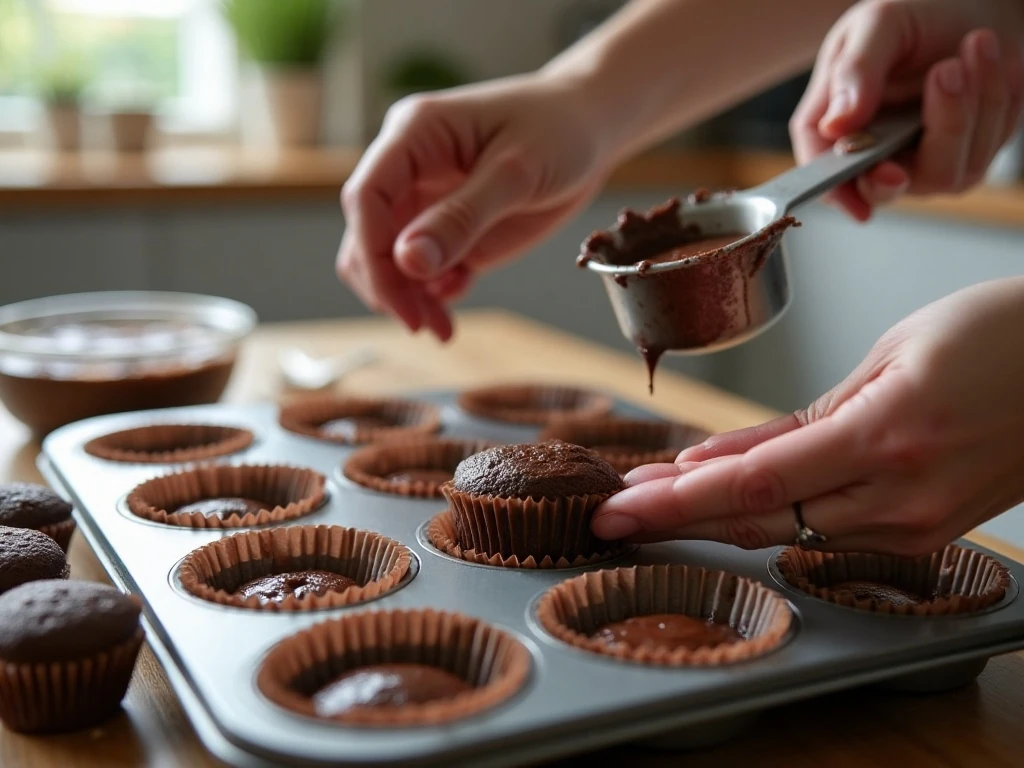 Chocolate cupcake batter being divided among paper liners