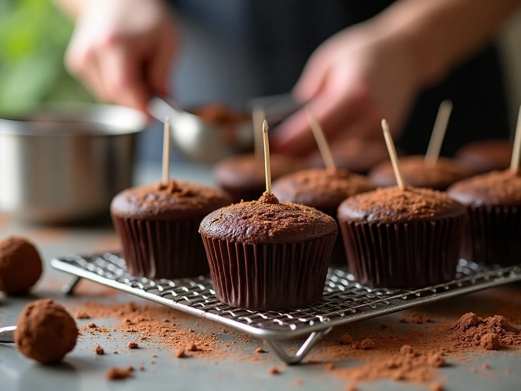 Fresh chocolate cupcakes cooling with a toothpick test showing moist crumbs
