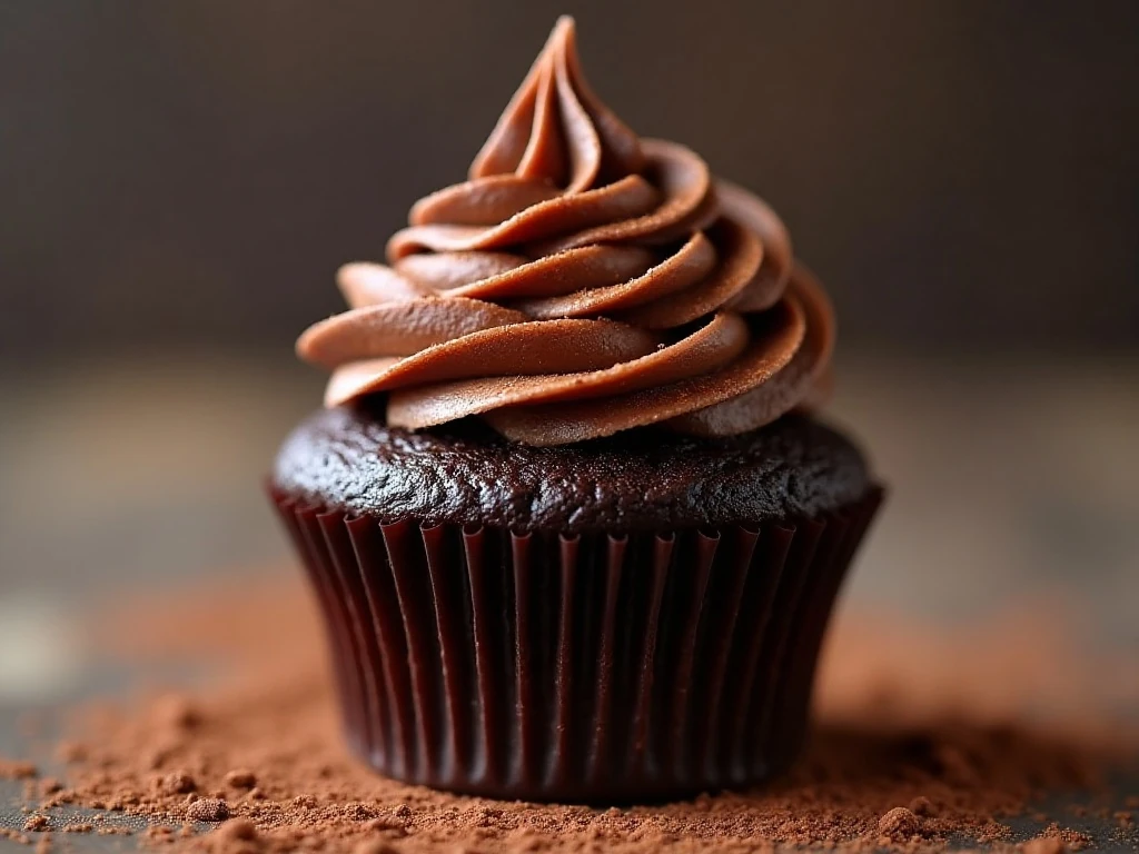 Close-up of chocolate cream cheese frosting on a sugar-free cupcake