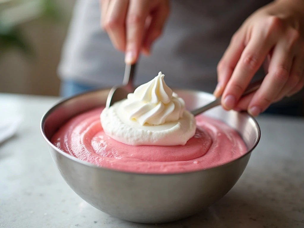 Whipped cream and partially thickened strawberry gelatin ready to combine