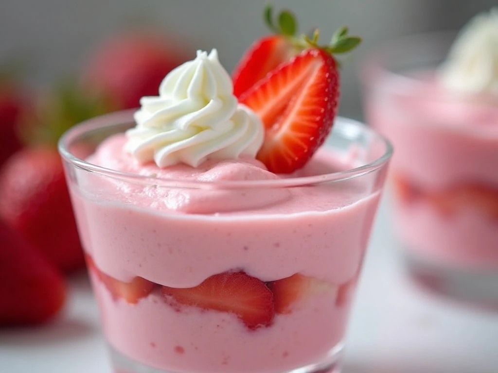 Garnished sugar-free strawberry Jello whip in a dessert glass