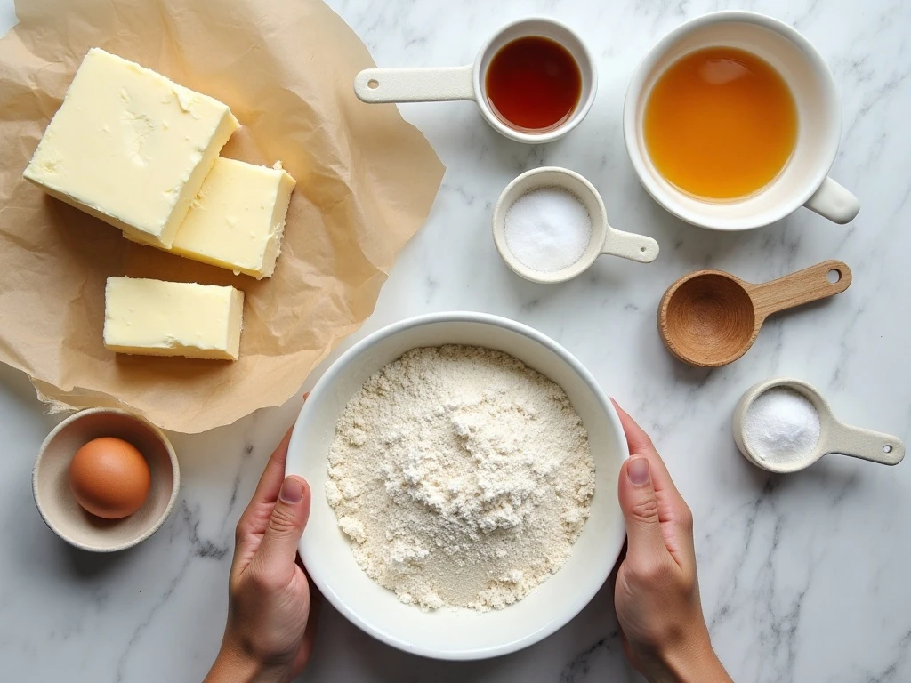 Ingredients for easy sugar puff cookies arranged on a kitchen counter