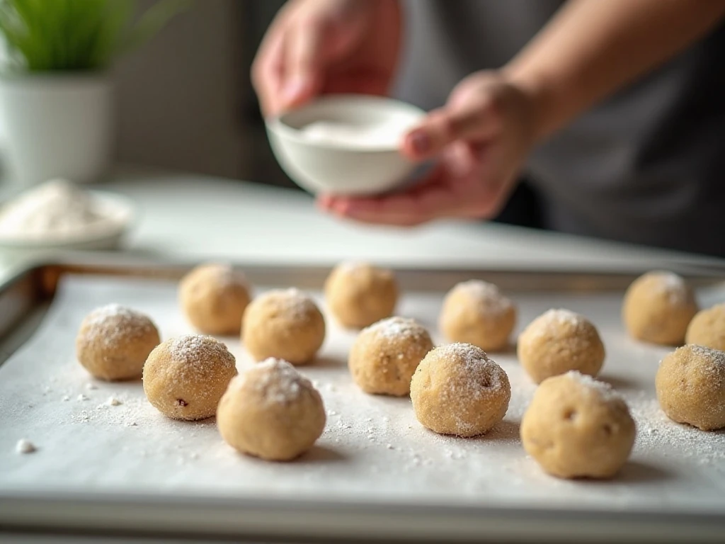 Sugar-coated cookie dough balls arranged on a parchment-lined baking sheet