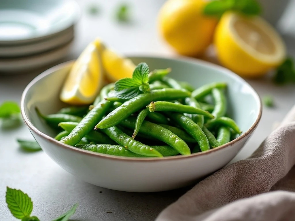 Sugar snap peas with mint and lemon served as a fresh side dish