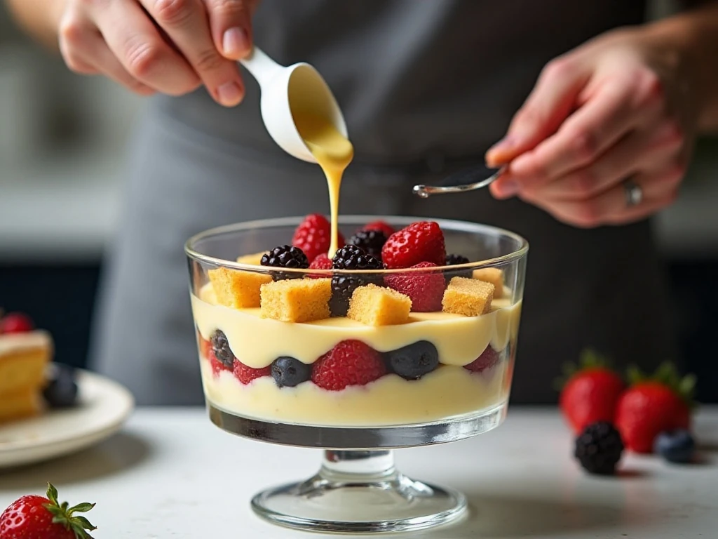 Layering cake, berries, and custard for trifle