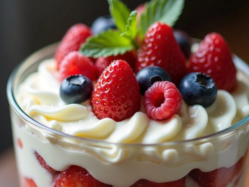 Berry and mint garnish on chilled trifle