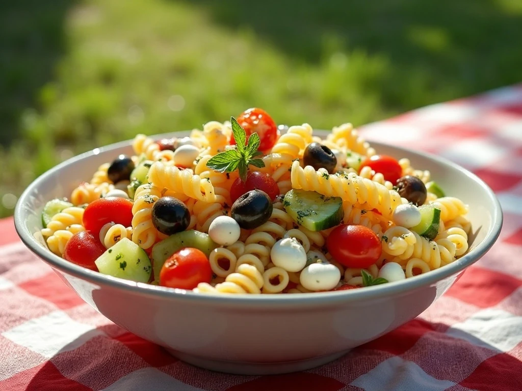 Colorful summer pasta salad served in a large bowl