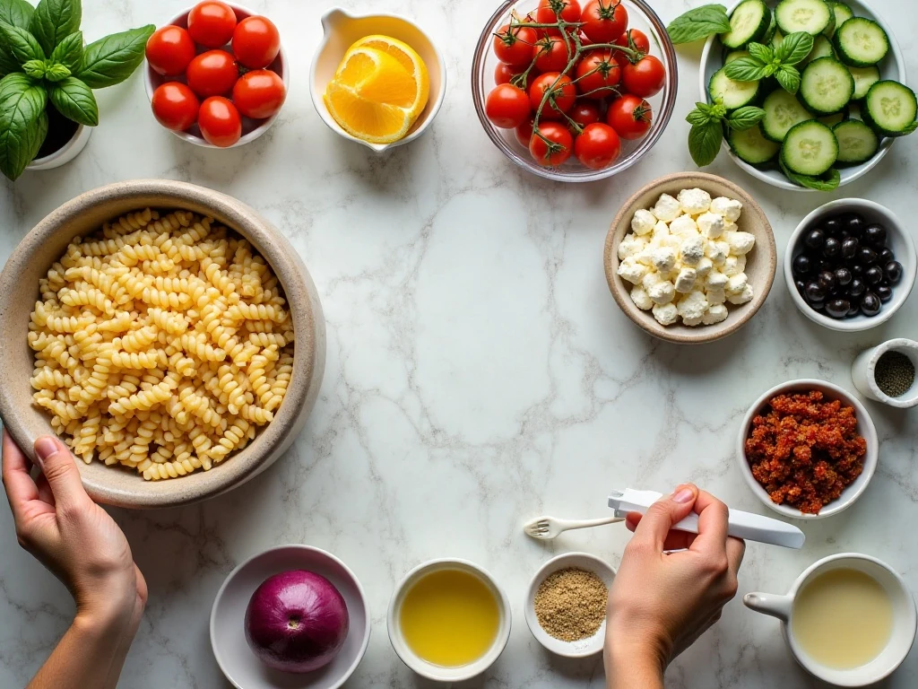 Fresh ingredients for homemade summer pasta salad