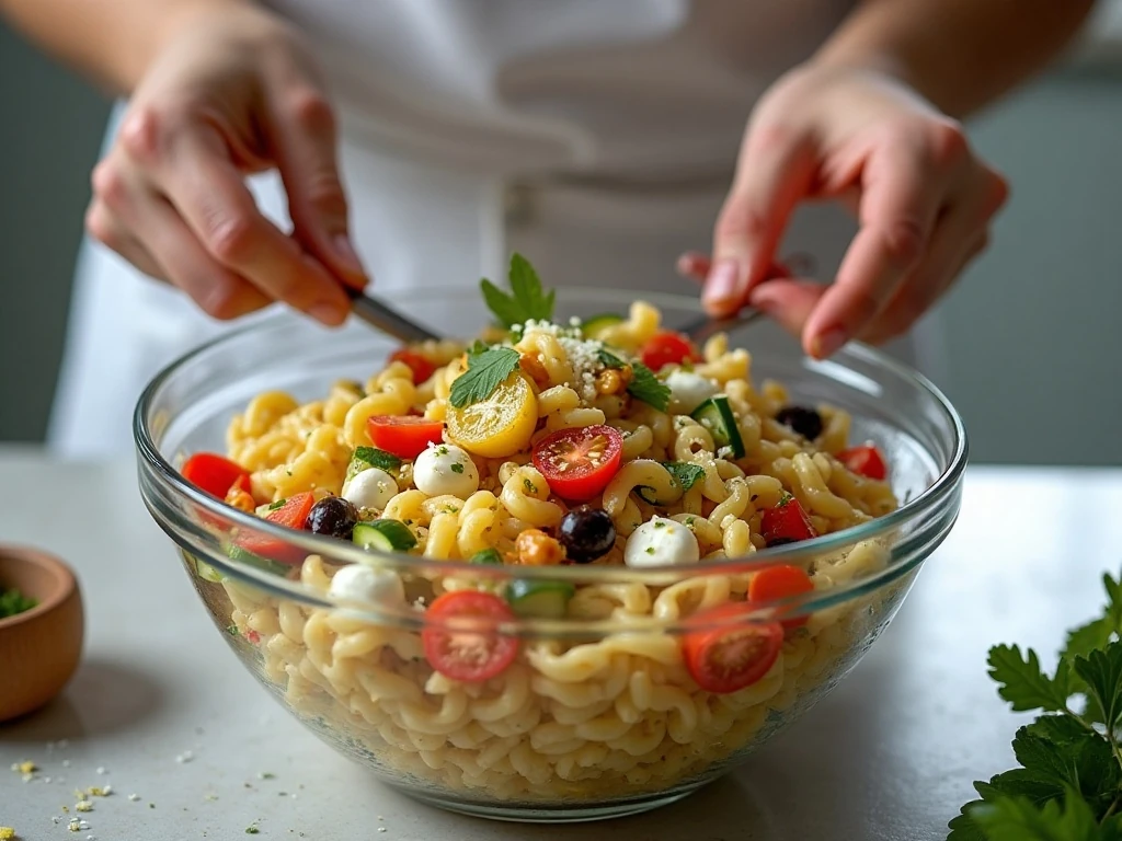 Tossing pasta salad with vegetables, cheese, and vinaigrette