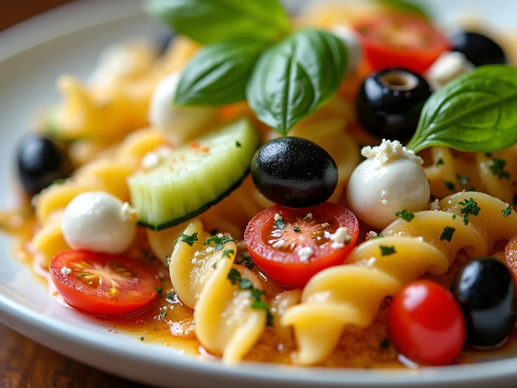 Close-up of fresh textures in summer pasta salad